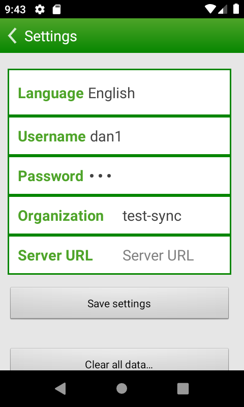 App settings screen showing username and password fields