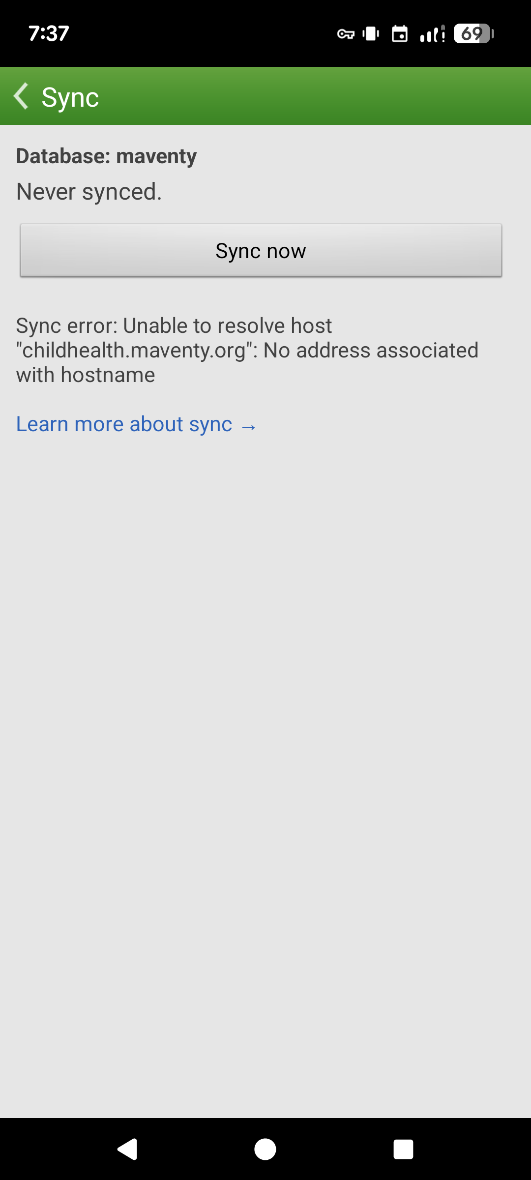 Sync screen showing a connection error